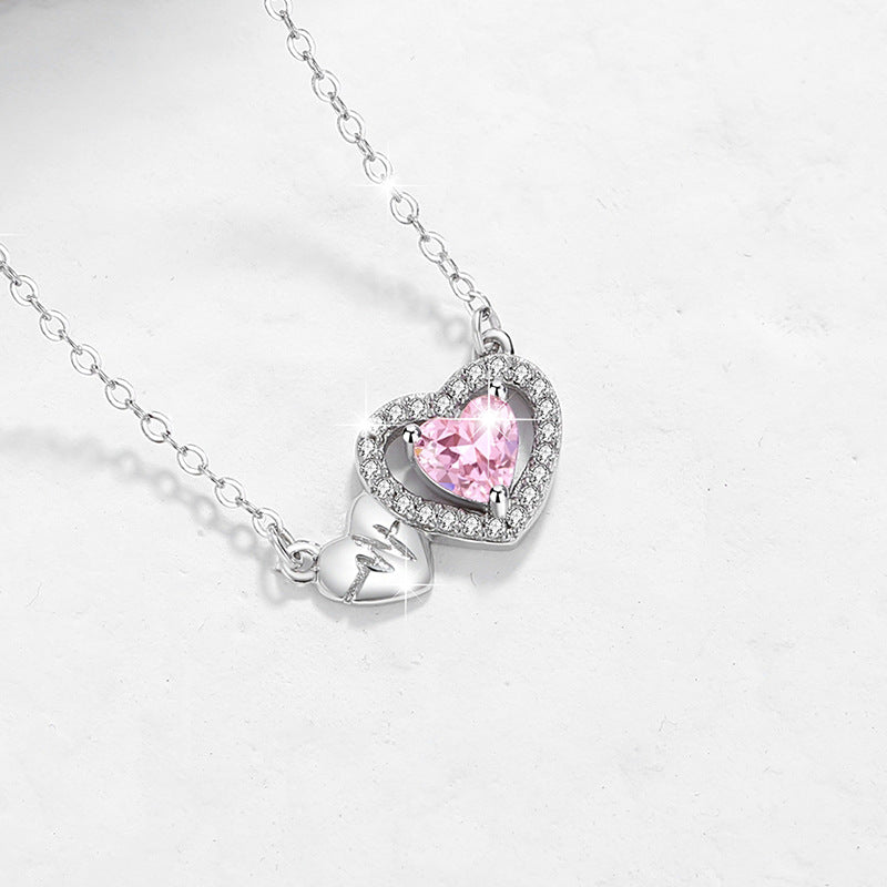 Lovely Sterling Silver 925 Necklace Female Niche Design Light Luxury Pink Diamond Clavicle Chain Get Things Ins Style ECG Pendant