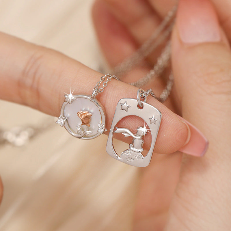 Little Prince and Rose Sterling Silver 925 Couple Necklace White Fritillary Clavicle Chain 520 Valentine's Day Star Pendant