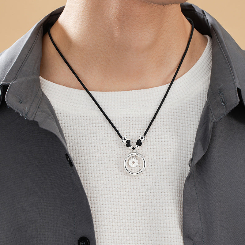 Safety Buckle Pure Silver 999 Necklace Men's Niche Design Light Luxury Coin Necklace Ins Style Copper Coin Pendant for Boyfriend
