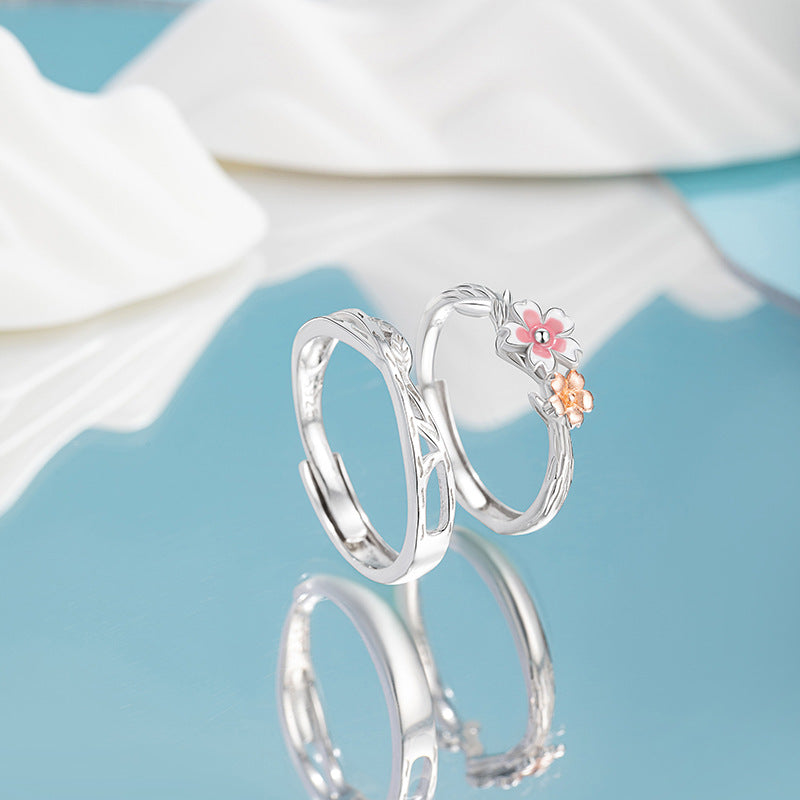 Cherry Blossom Sterling Silver 925 Couple Ring Men's and Women's New Chinese Style National Fashion Flower Mori Ring Ins Style Peach Blossom Ring