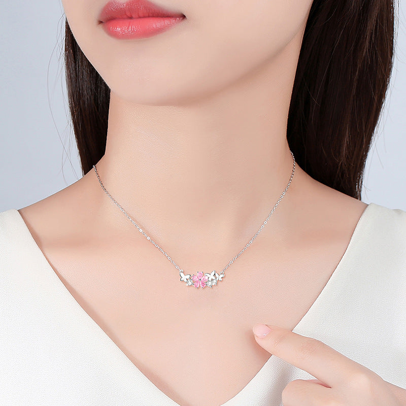 Cherry Blossom Sterling Silver 925 Necklace Female Niche Design Light Luxury Pink Diamond Clavicle Chain 520 Valentine's Day Butterfly Pendant