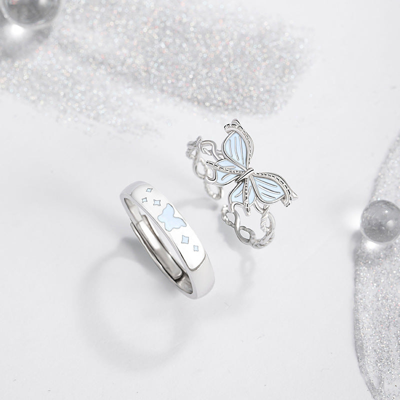 Butterfly Sterling Silver 925 Luminous Couple Ring Men and Women Niche Light Luxury Plain Ring Ins Style Valentine's Day Couple Ring