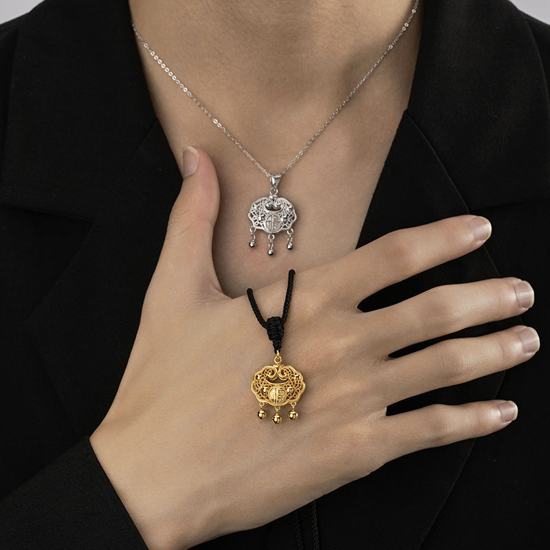 Xiangyun Ruyi Pure Silver 999 Necklace New Chinese Style Light Luxury Lucky Brand Clavicle Chain Ins Wind Bell Longevity Lock Pendant
