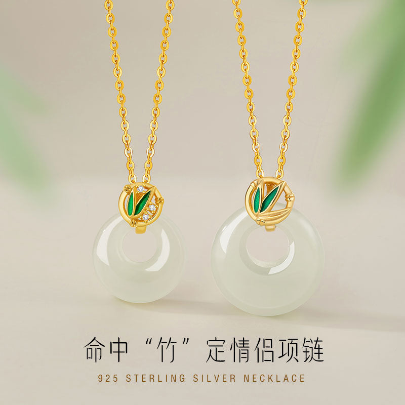 High-Rise Sterling Silver 925 Couple Necklace High-Grade Hetian Jade Bamboo Clavicle Chain Safety Buckle Bamboo Pendant