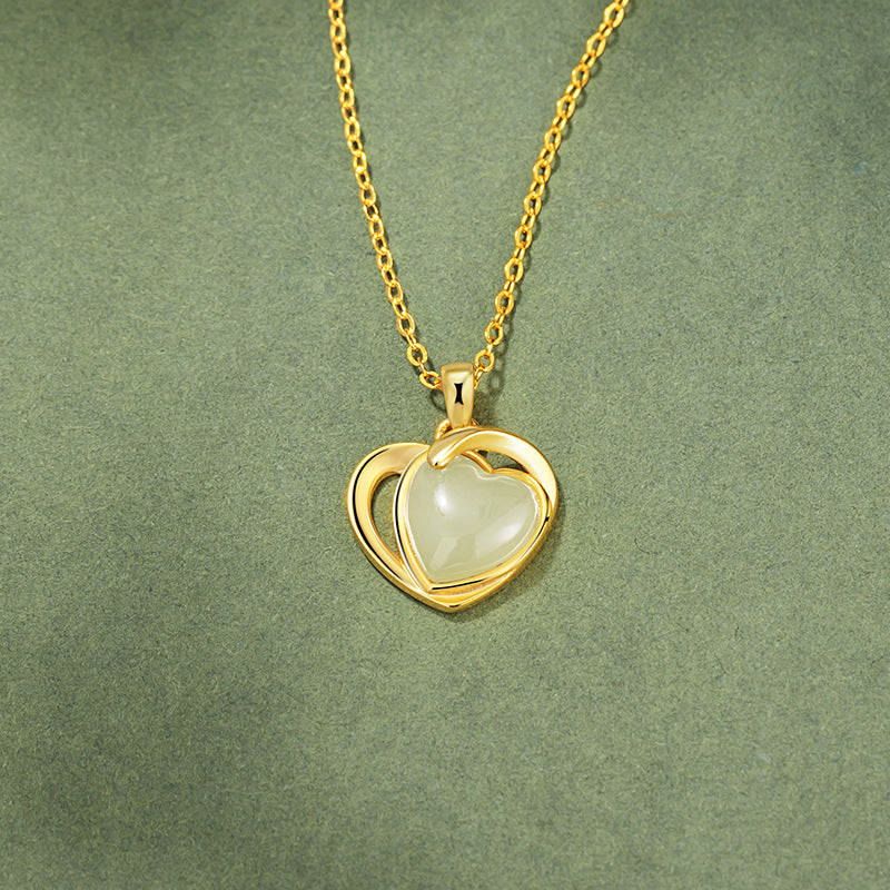 At First Sight, I Fell in Love with Sterling Silver 925 Hetian Jade Necklace New Chinese National Fashion Lovely Clavicle Chain Ins with Your Pendant in My Heart