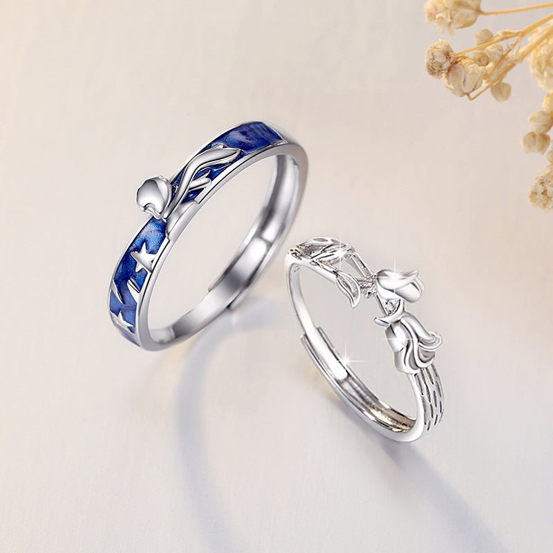 Little Prince and Rose Sterling Silver 925 Couple Ring Men and Women Fashion All-Match Ring Ins Style Star Ring