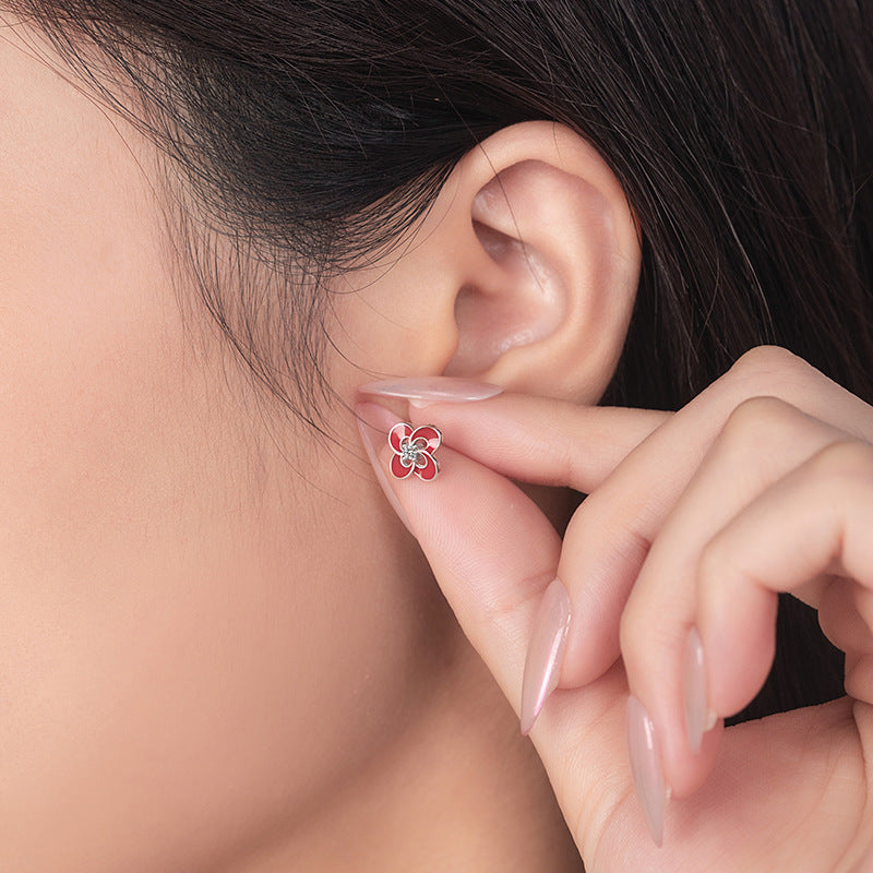 Lucky Clover Sterling Silver 925 Stud Earrings Women's Fashion All-Match Zircon Earrings Ins Style Flower Earrings