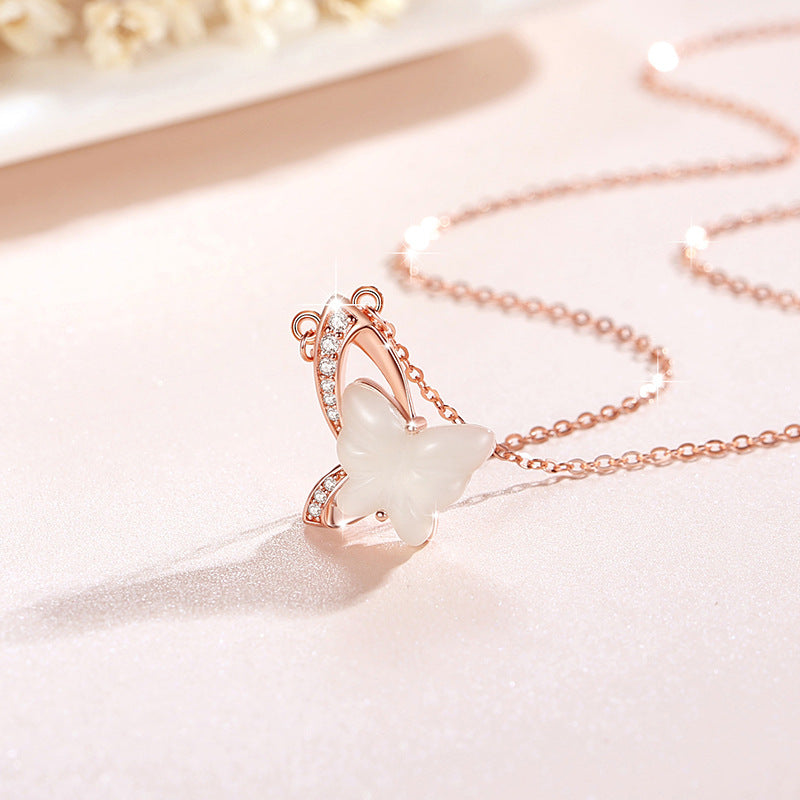 Butterfly Hetian Jade Sterling Silver 925 Necklace Female Niche Design Light Luxury Clavicle Chain Material Ins Style Zircon Pendant