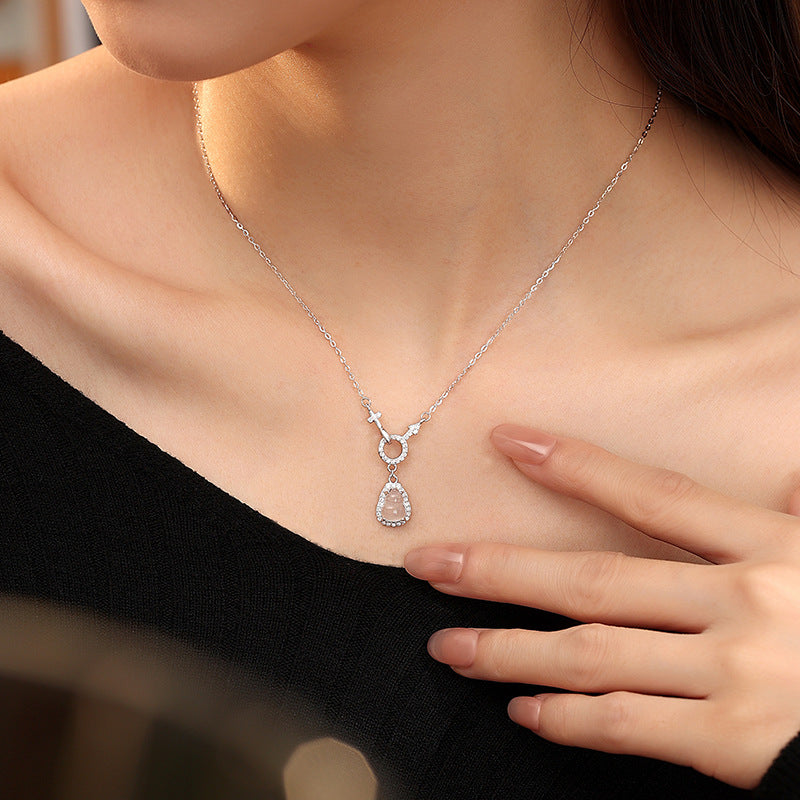 S925 Sterling Silver Necklace Female White Chalcedony Gourd Couple Symbol Clavicle Chain New Chinese Fu Lu Pendant Niche Gift