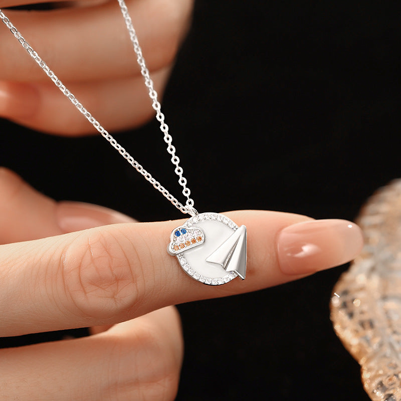 S925 Sterling Silver Necklace Women's Luminous Enamel Craft Clavicle Chain Niche Clouds Starry Sky Dream-Catching Paper Airplane Pendant