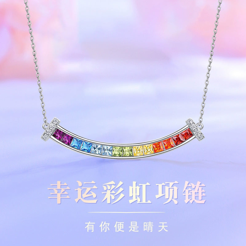 Smile Rainbow Sterling Silver 925 Necklace Female Sweet Cute Style Pink Zircon Clavicle Chain Ins Dopamine Pendant