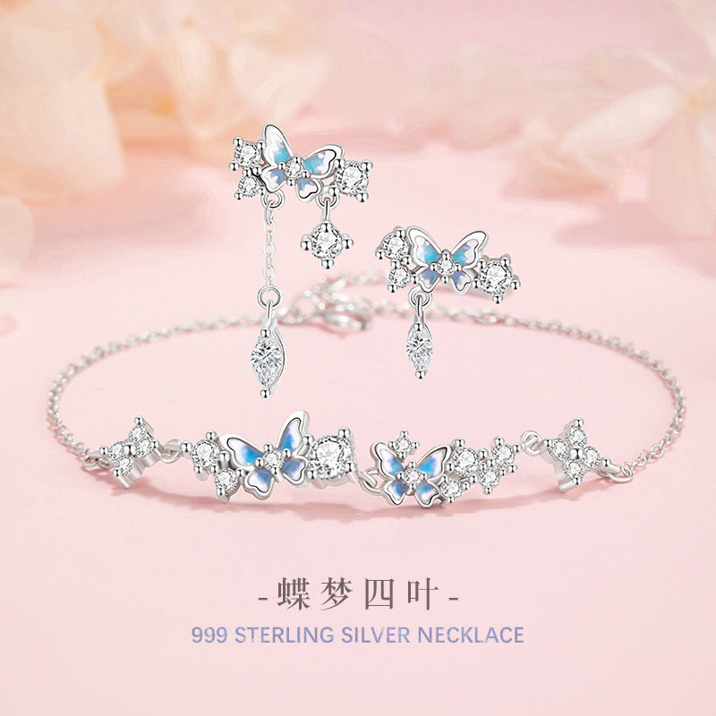 Butterfly Pure Silver 999 Bracelet Female Sweet Cute Style Epoxy Gradient Tassel Bracelet Super Fairy Girl Zircon Ear Studs