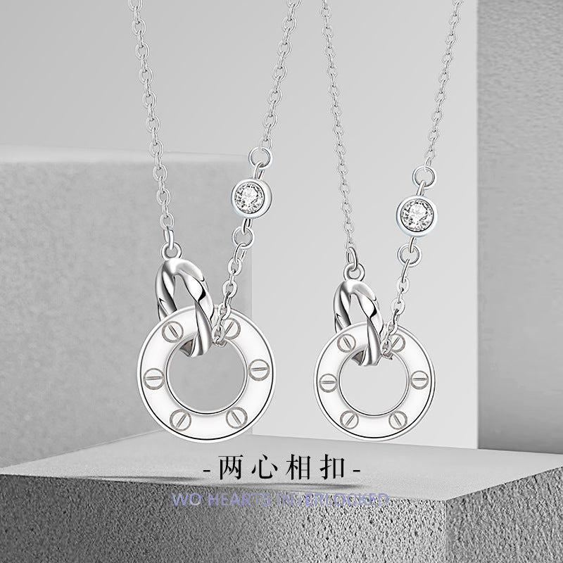 Mobius Ring Sterling Silver 925 Couple Necklace High-Grade Double Ring Zircon Clavicle Chain Ins Ring Buckle Pendant