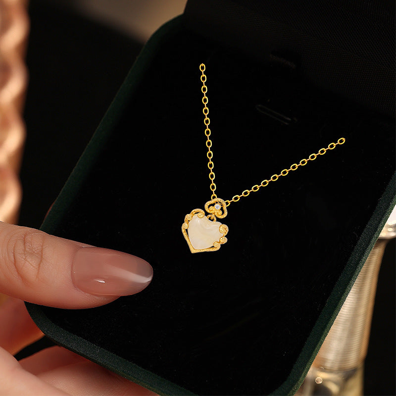 Natural Hetian Jade Necklace Women's Light Luxury S925 Sterling Silver Love Auspicious Cloud Relief Design Clavicle Chain Wholesale for Girlfriend