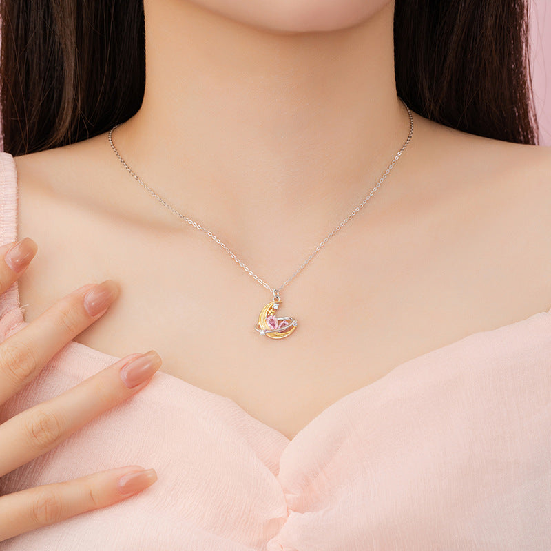 Star Moon Sterling Silver 925 Necklace Female Niche Design Light Luxury Planet Pink Diamond Clavicle Chain Ins Love Pendant