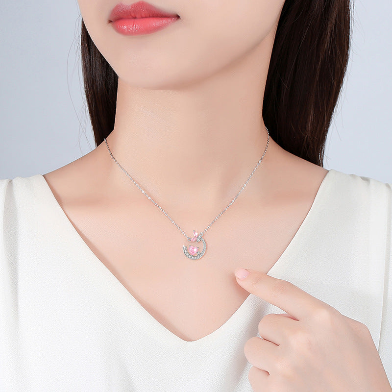 Butterfly Sterling Silver 925 Necklace Women's Fashion Versatile Moon Clavicle Chain 520 Valentine's Day Love Pink Diamond Pendant