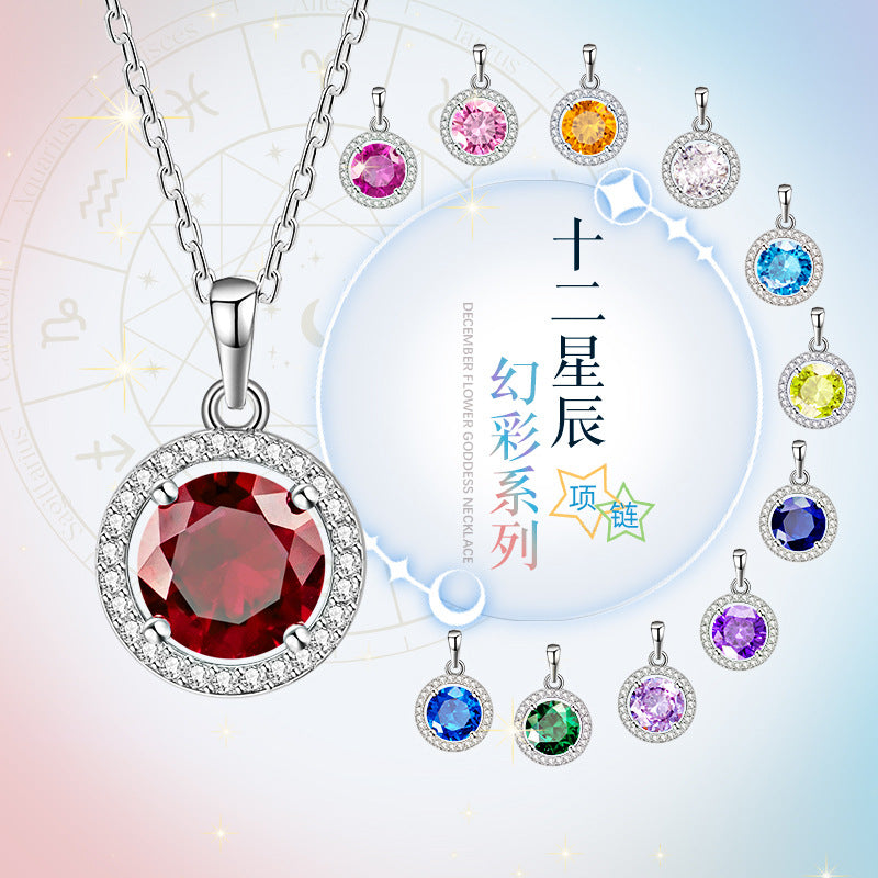 S925 Sterling Silver Twelve Constellation Birthday Stone Necklace Female Light Luxury Niche Birthday Stone Pendant Clavicle Chain Birthday Gift