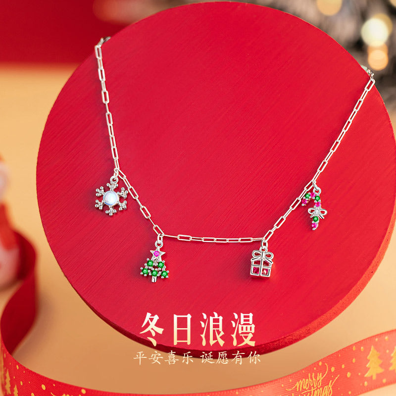 Christmas Tree Sterling Silver 925 Necklace Niche Design Light Luxury Snowflake Zircon Clavicle Chain Ins Style Bow Pendant