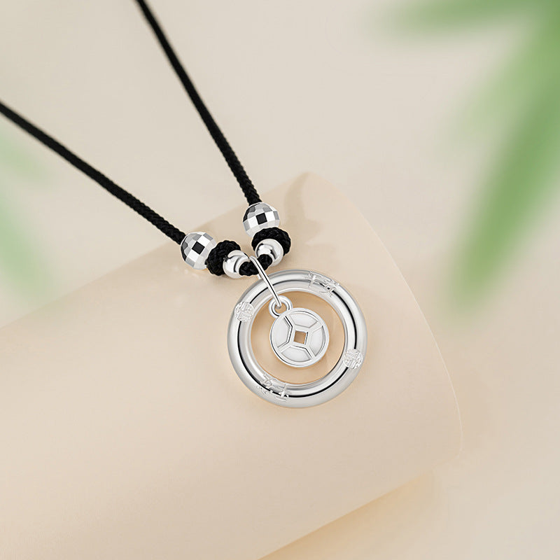 Safety Buckle Pure Silver 999 Necklace Men's Niche Design Light Luxury Coin Necklace Ins Style Copper Coin Pendant for Boyfriend