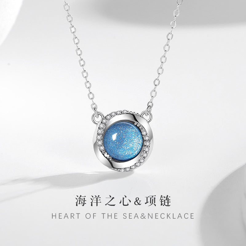 Ocean Heart Sterling Silver 925 Necklace Female Niche Design Light Luxury Rose Clavicle Chain Ins Glass Stone Pendant