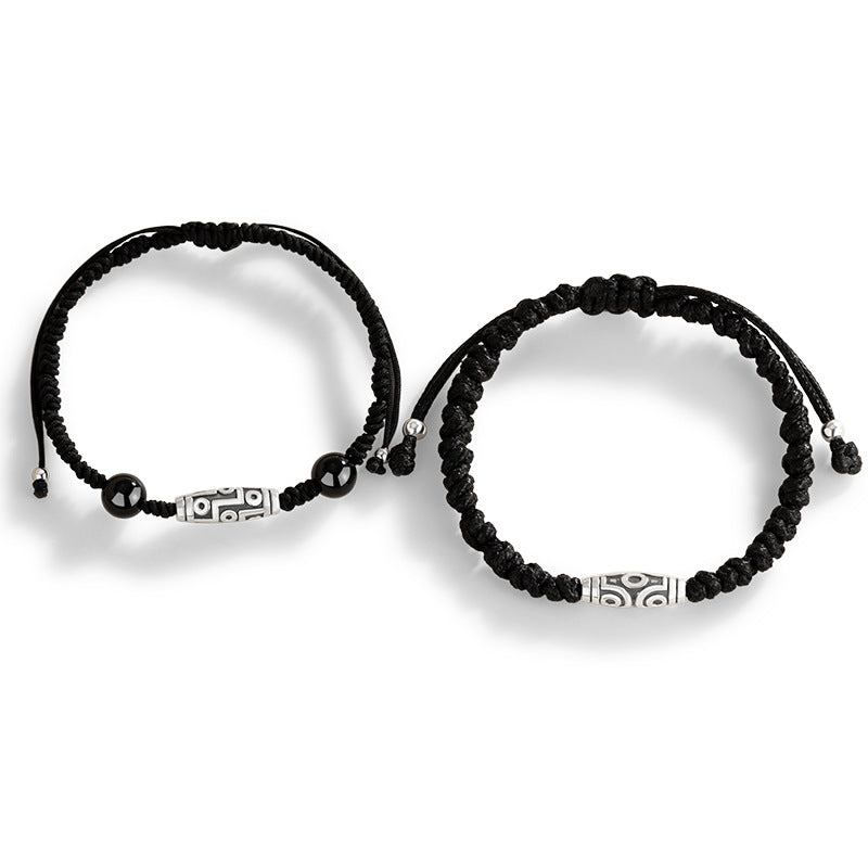 Nine-Eye Sky Beads Pure Silver 999 Couple's Hand Rope National Fashion Ethnic Style Lucky Beads Black Agate Hand Rope Tibetan Hand Rope