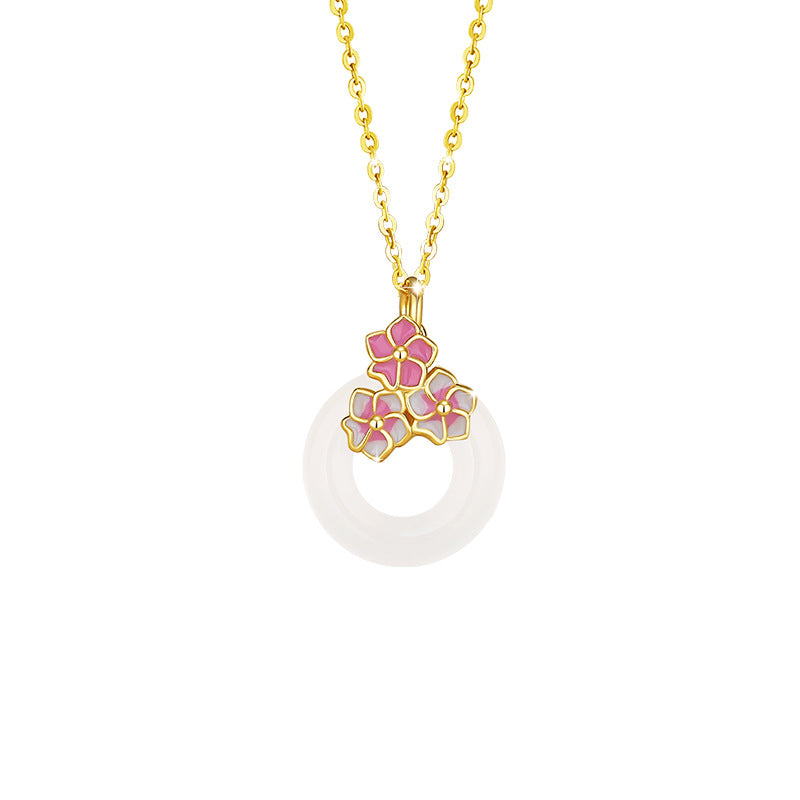Cherry Blossom Sterling Silver 925 Chalcedony Necklace Female Niche Design Light Luxury Flower Clavicle Chain Ins Style Safety Buckle Pendant