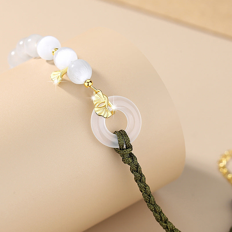 Safety Buckle Chalcedony Sterling Silver 925 Bracelet Women's National Fashion Light Luxury Opal Apricot Leaf Bracelet Lucky Bracelet
