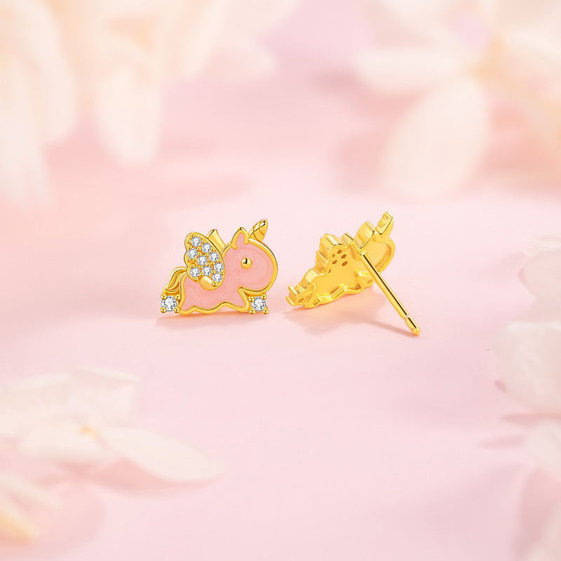 Fantasy Unicorn Sterling Silver 925 Stud Earrings Women's Light Luxury High-Grade Star Zircon Earrings Ins Style Valentine's Day Earrings