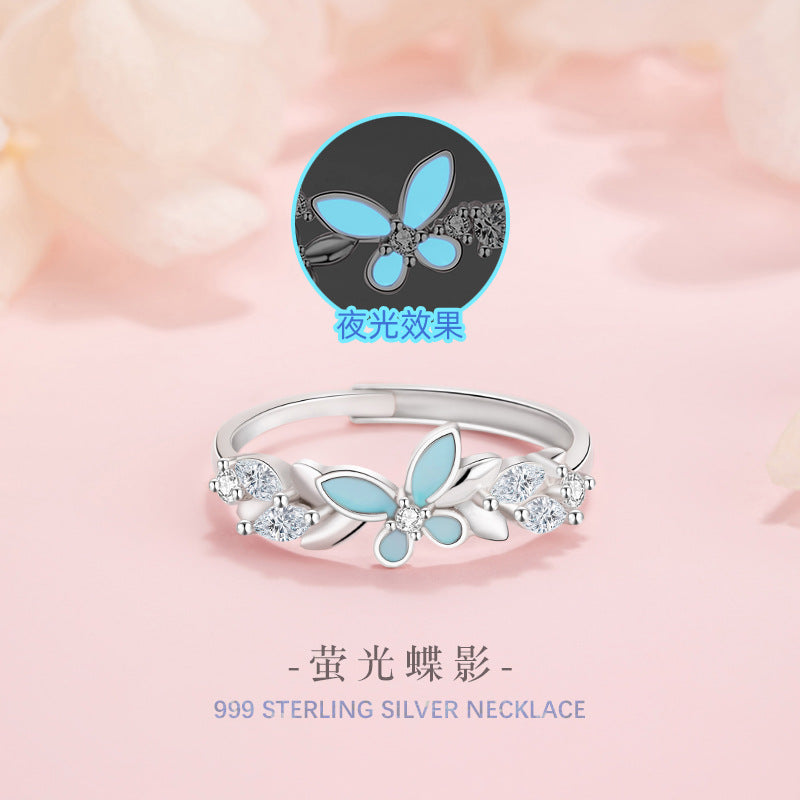 Streamer Butterfly Pure Silver 999 Luminous Ring Female Cute Sweet Style Open Adjustable Ring Ins Star Pair Ring
