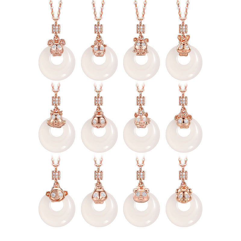 Zodiac Guardian Sterling Silver 925 Chalcedony Necklace National Fashion Spirit Snake Safety Buckle Clavicle Chain Ins Style Birth Year Pendant
