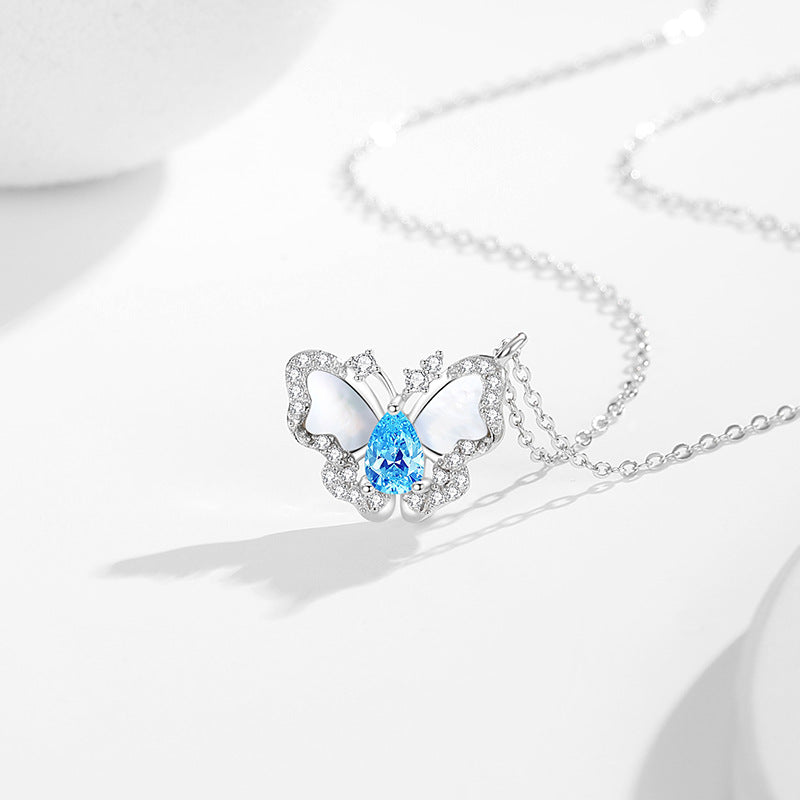 Original Butterfly Sterling Silver 925 Necklace Women's Fashion Versatile Ocean Blue Zircon Clavicle Chain Ins Style White Fritillary Pendant
