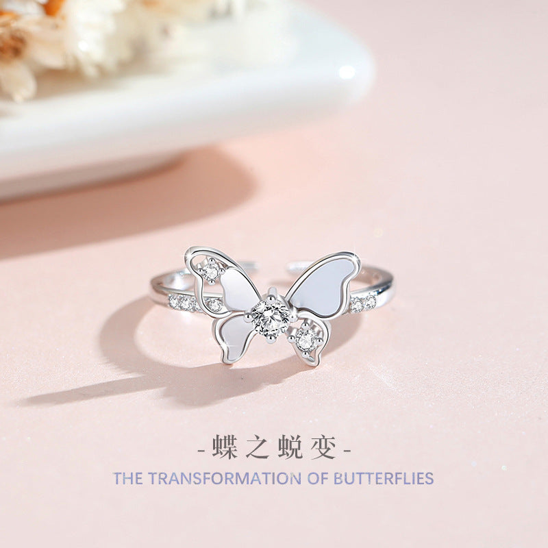 Butterfly Sterling Silver 925 Ring Female Niche Design Light Luxury Zircon Ring Girlfriends Same Ins Style Shell Ring