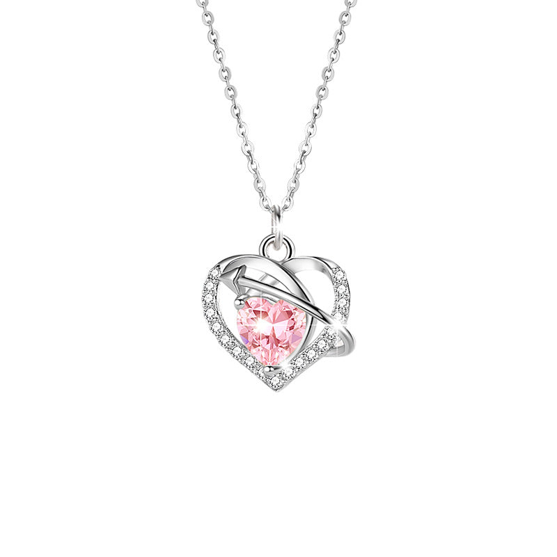 Women's Heart-Shaped Sterling Silver 925 Necklace, Fashionable All-Match Pink Zircon Clavicle Chain, INS Heart-Piercing Pendant