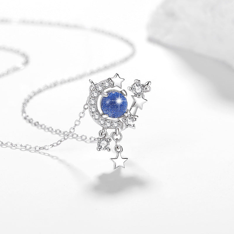 Moon Sterling Silver 925 Necklace Female Niche Design Light Luxury Glass Stone Clavicle Chain Ins Style Star Tassel Pendant