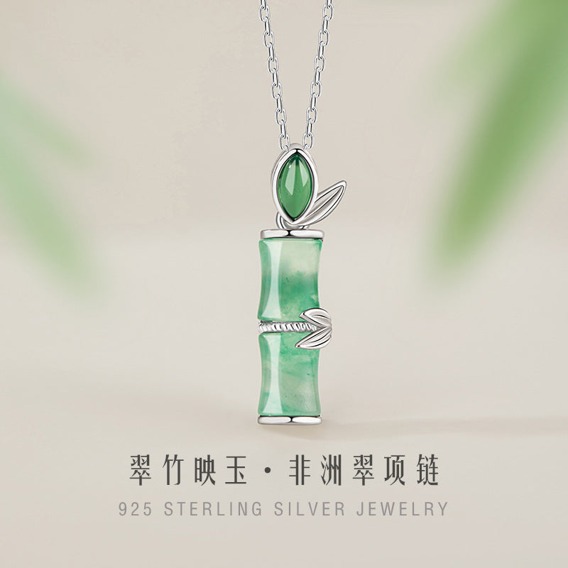 Bamboo Sterling Silver 925 Necklace Women's New Chinese Style National Fashion Natural African Emerald Clavicle Chain High-Rise Chalcedony Pendant