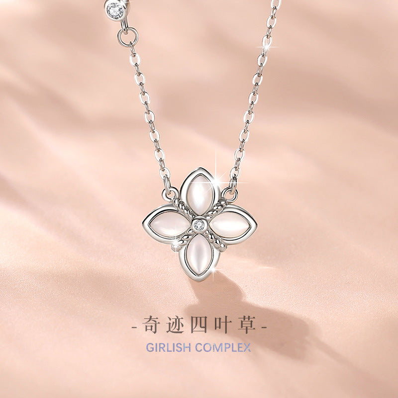 Lucky Clover Sterling Silver 925 Necklace Female Niche Design Light Luxury Zircon Clavicle Chain Ins Style Flower Pendant