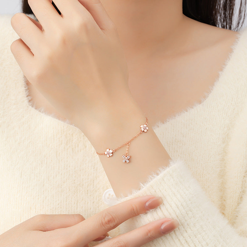 Butterfly Sterling Silver 925 Bracelet Female Niche Design Light Luxury Zircon Tassel Bracelet for INS Style Cherry Blossom Bracelet