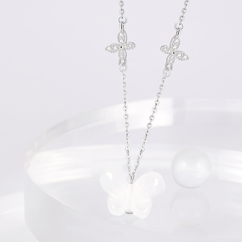 S925 Sterling Silver White Agate Butterfly Necklace Diamond-Embedded Clover Niche Design High-Grade Clavicle Chain Wholesale Delivery