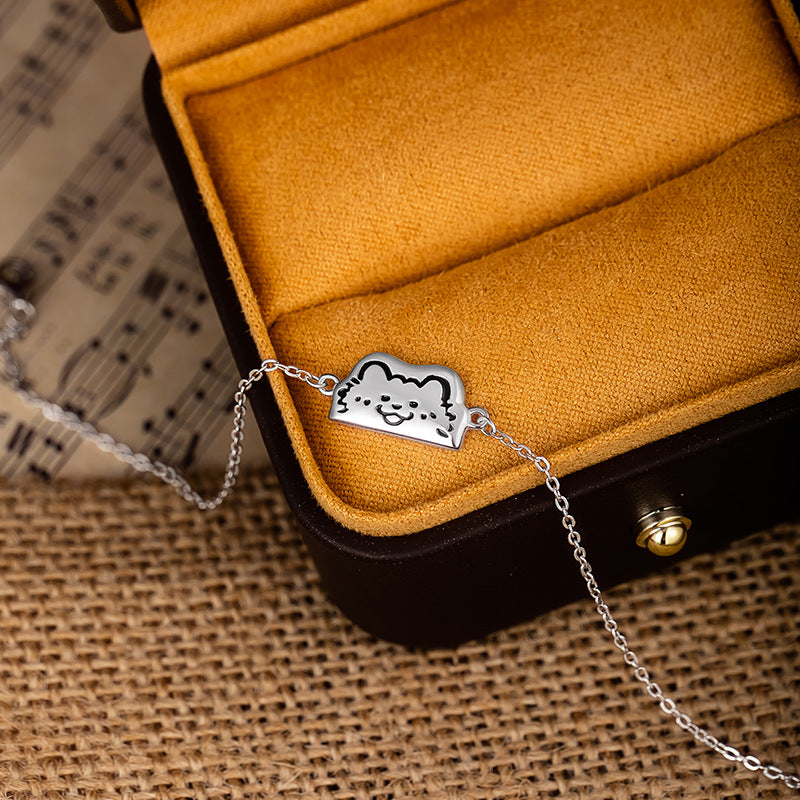 S925 Sterling Silver Hand-Painted Cat Couple Bracelet Niche Design Adjustable Ins Style Bracelet Boys and Girls Style