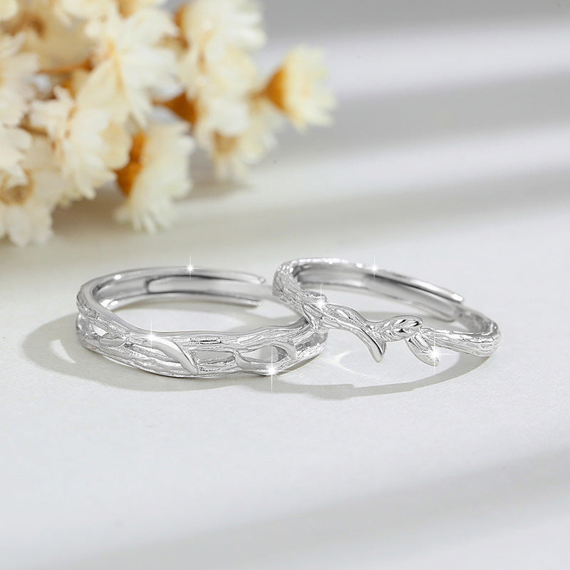 Lianli Branch 999 Pure Silver Couple Ring Men and Women Niche Design Light Luxury Zircon Ring Ins Wind Branch Ring