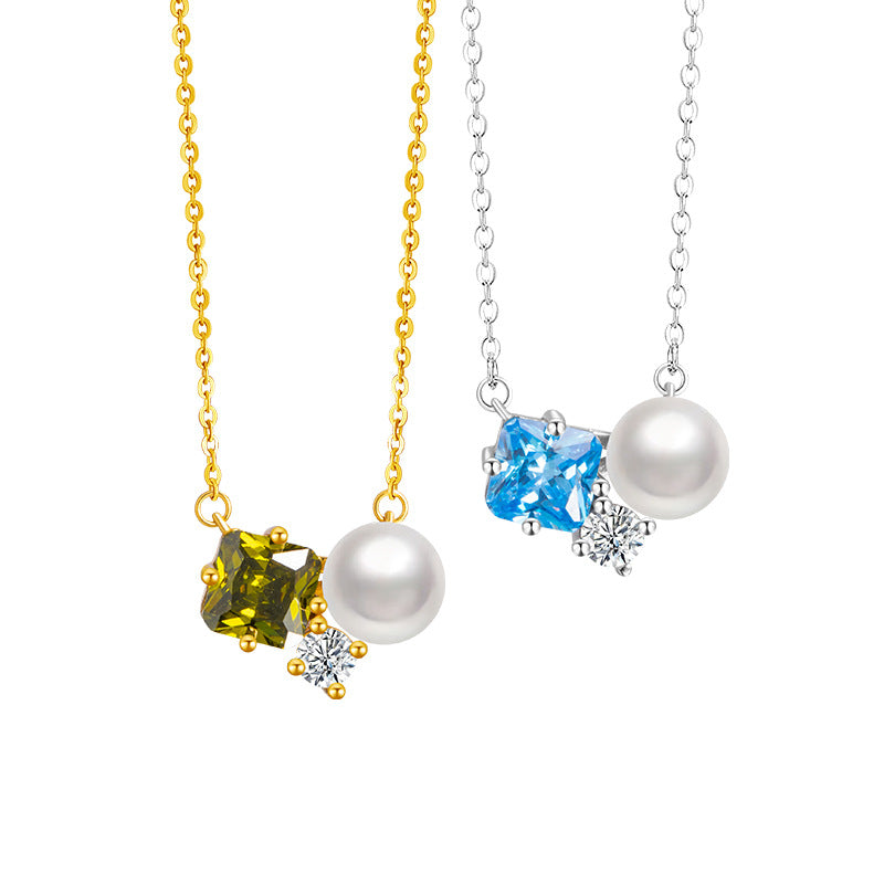 Small Square Sugar Sterling Silver 925 Necklace Fashionable Versatile Shijia Pearl Clavicle Chain Ins Light Luxury Style Sea Blue Zirconium Pendant