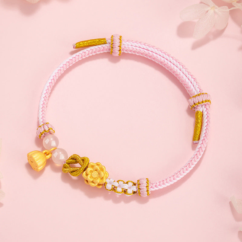 Good Luck Continuous Sterling Silver 925 Woven Bracelet Female New Chinese National Fashion Chalcedony Lotus Bracelet Ins Lucky Beads Bracelet