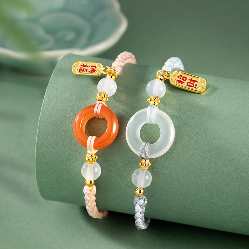 Tongxin Knot Sterling Silver S925 Couple Bracelet Men and Women Simple Chalcedony Bracelet New Chinese Style Safety Buckle Lucky Bracelet