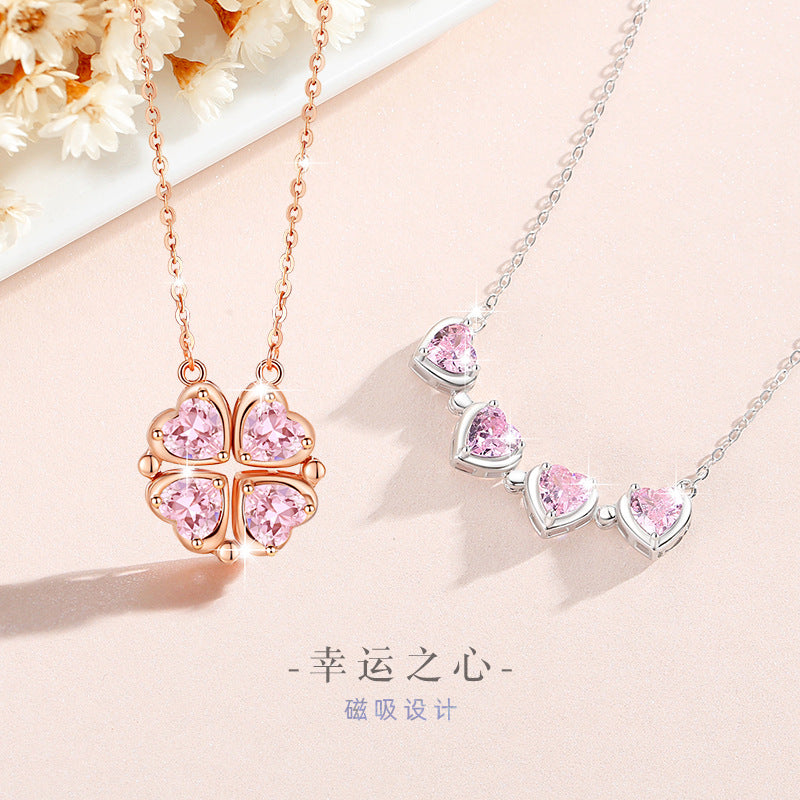 Heart-Shaped Magnetic Sterling Silver 925 Necklace for Women, Two-Strap Zircon Clavicle Chain, INS Lucky Clover Pendant