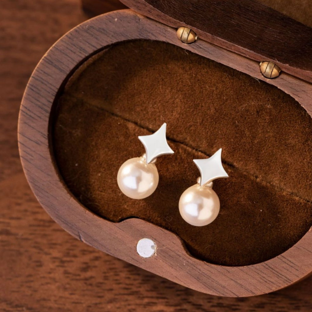 Four-Star Awn Sterling Silver 925 Stud Earrings Female Niche Design Light Luxury Style Shijia Pearl Earrings High-Grade Star Earrings