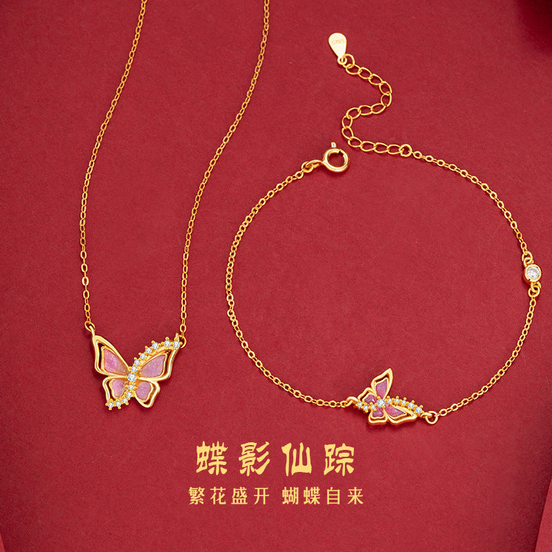 Butterfly Sterling Silver 925 Luminous Necklace Female Niche Design Light Luxury Pink Epoxy Clavicle Chain Ins Zircon Pendant