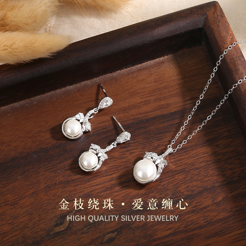 S925 Sterling Silver Leaf Pearl Jewelry Set Elegant Commuter Clavicle Chain Earrings for Girlfriend Mother Holiday Gift