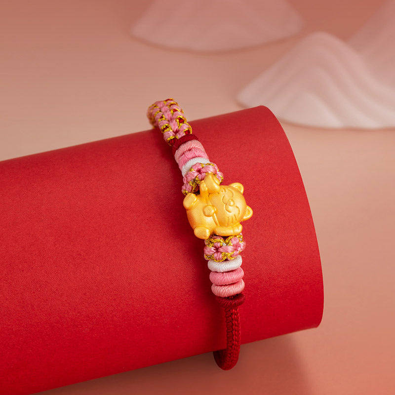 Cat Pure Silver 999 Bracelet New Chinese Style National Fashion Peach Blossom Hand-Woven Bracelet Ins Style Light Luxury Ingot Bracelet