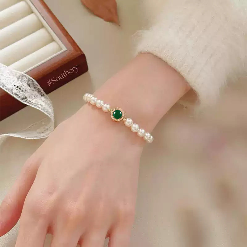 Natural Freshwater Pearl Sterling Silver 925 Necklace Light Luxury High-Grade Green Chalcedony Clavicle Chain Mother's Day Gift Pendant