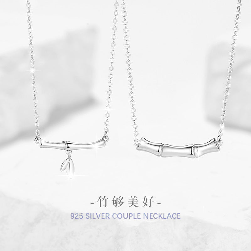 Green Plum Bamboo Horse Sterling Silver 925 Couple Necklace Men and Women Fashion All-Match Clavicle Chain Goods Ins Style Bamboo Pendant